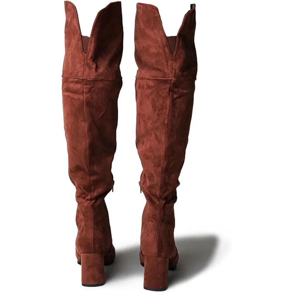 🆕J.Adams Brown Vegan Suede Over The Knee Trendy Low Block Heel Thigh High Boots
